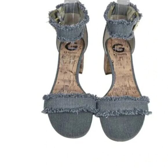 G By Guess Frayed  Denim Sandal Heel Chunky Cork Heel Open Toe Size 8.5 - Picture 5 of 16